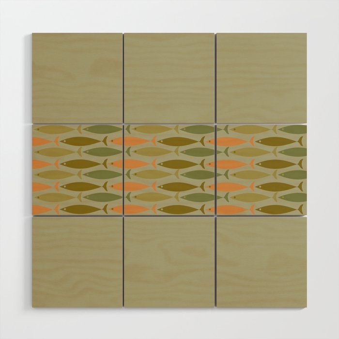 Fish Stripe 8 Mid Century Modern Minimal Pattern in Vintage Olive Green and Cantaloupe Orange Wood Wall Art Gallery Image 1