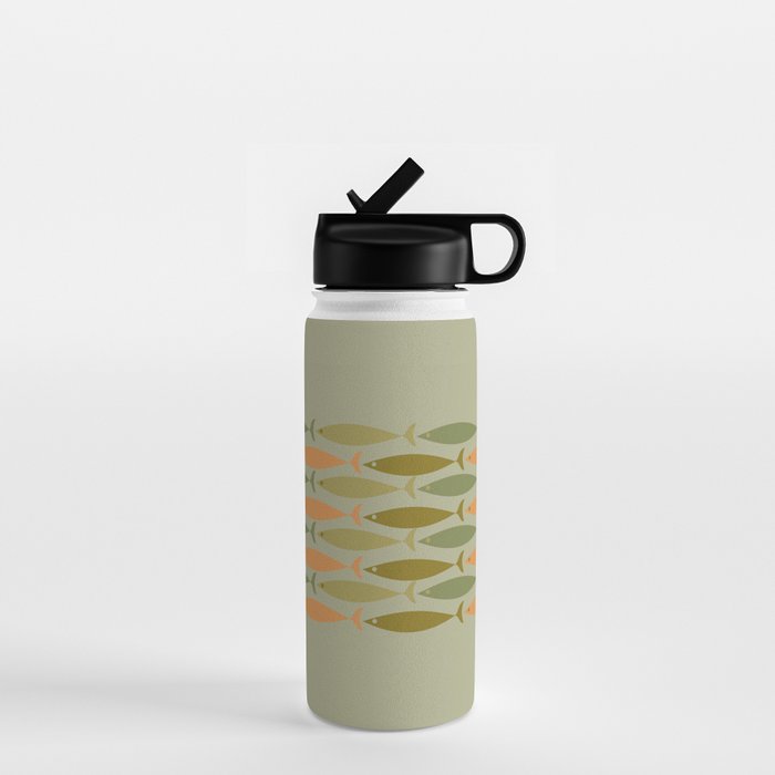 Fish Stripe 8 Mid Century Modern Minimal Pattern in Vintage Olive Green and Cantaloupe Orange Water Bottle Gallery Image 1