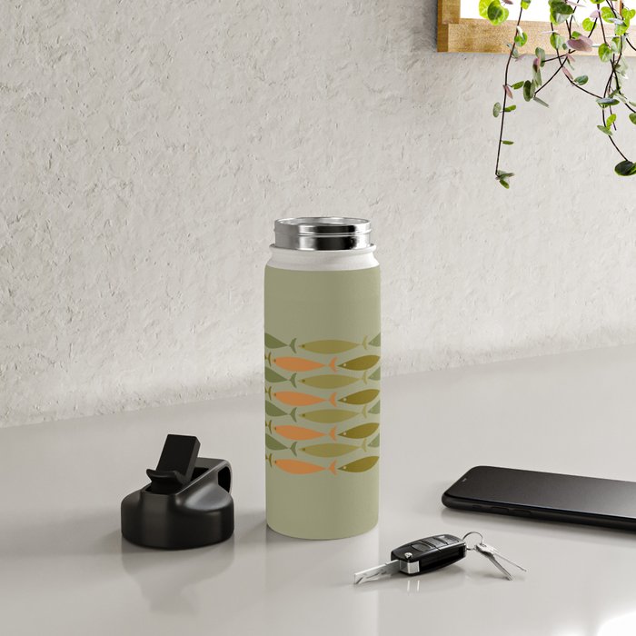 Fish Stripe 8 Mid Century Modern Minimal Pattern in Vintage Olive Green and Cantaloupe Orange Water Bottle Gallery Image 4