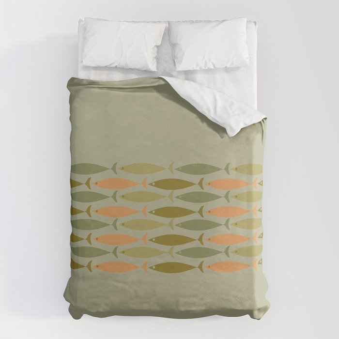 Fish Stripe 8 Mid Century Modern Minimal Pattern in Vintage Olive Green and Cantaloupe Orange Duvet Cover Gallery Image 6