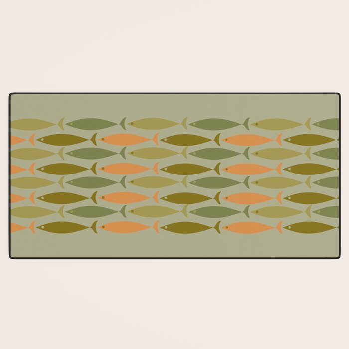 Fish Stripe 8 Mid Century Modern Minimal Pattern in Vintage Olive Green and Cantaloupe Orange Desk Mat Gallery Image 3