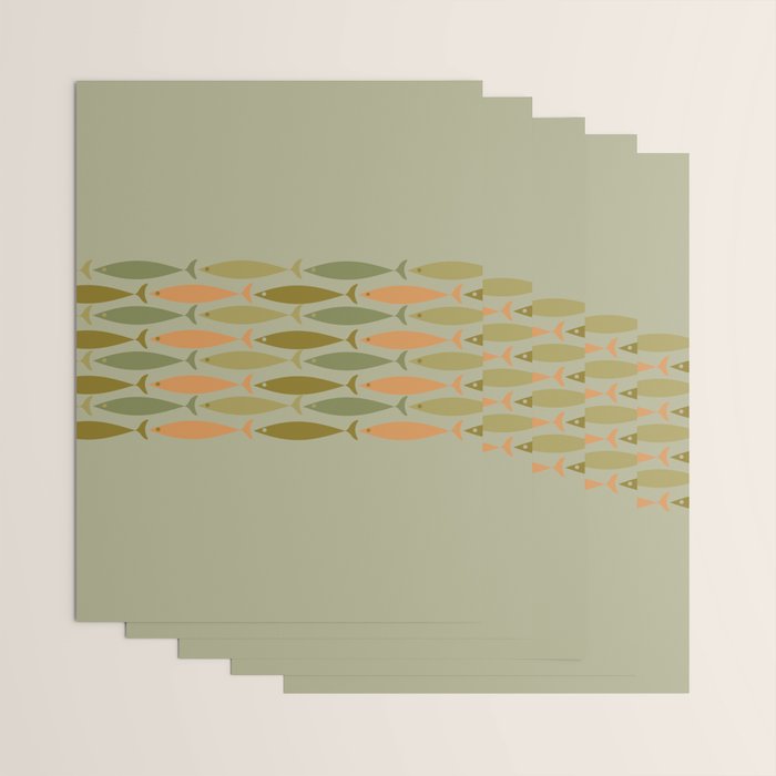 Fish Stripe 8 Mid Century Modern Minimal Pattern in Vintage Olive Green and Cantaloupe Orange Wrapping Paper Gallery Image 3