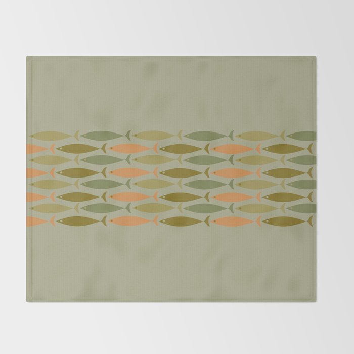 Fish Stripe 8 Mid Century Modern Minimal Pattern in Vintage Olive Green and Cantaloupe Orange Throw Blanket Gallery Image 2