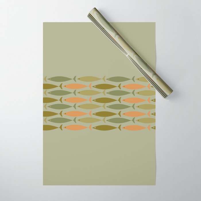 Fish Stripe 8 Mid Century Modern Minimal Pattern in Vintage Olive Green and Cantaloupe Orange Wrapping Paper Gallery Image 1