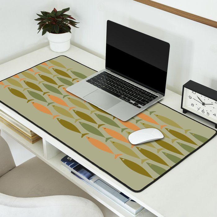Fish Stripe 8 Mid Century Modern Minimal Pattern in Vintage Olive Green and Cantaloupe Orange Desk Mat Gallery Image 2