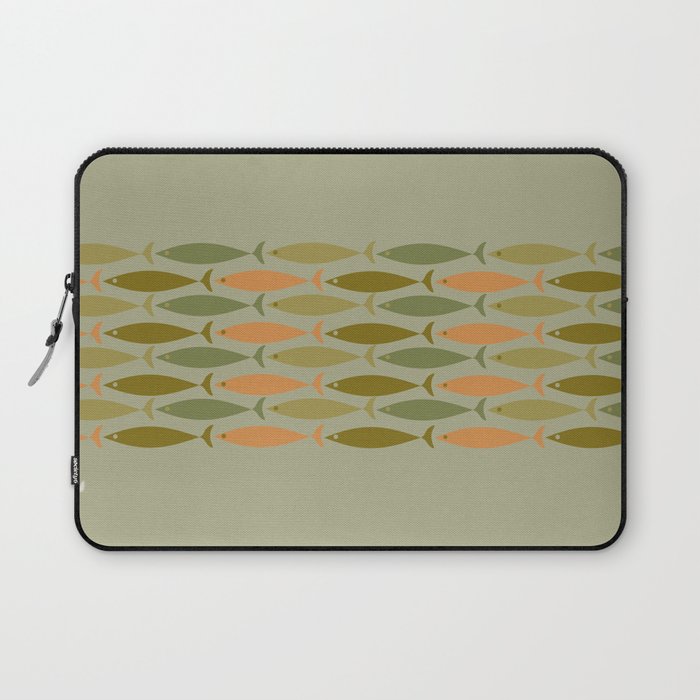 Fish Stripe 8 Mid Century Modern Minimal Pattern in Vintage Olive Green and Cantaloupe Orange Laptop Sleeve Gallery Image 1