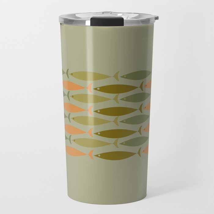 Fish Stripe 8 Mid Century Modern Minimal Pattern in Vintage Olive Green and Cantaloupe Orange Travel Mug Gallery Image 1
