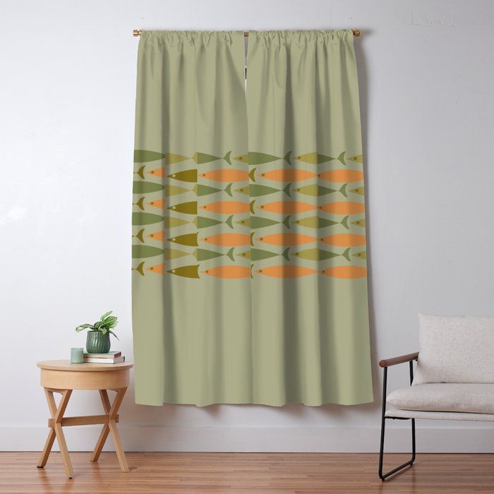 Fish Stripe 8 Mid Century Modern Minimal Pattern in Vintage Olive Green and Cantaloupe Orange Window Curtain Gallery Image 1