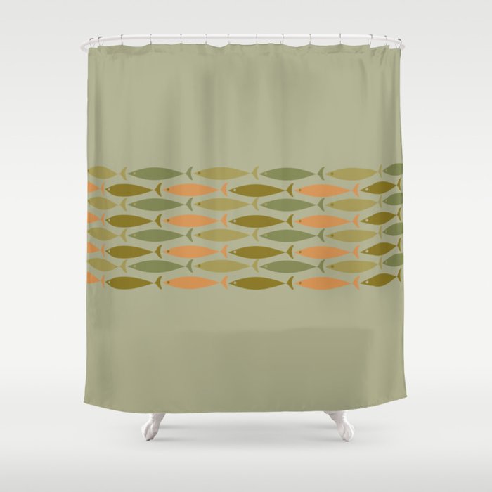 Fish Stripe 8 Mid Century Modern Minimal Pattern in Vintage Olive Green and Cantaloupe Orange Shower Curtain Gallery Image 1