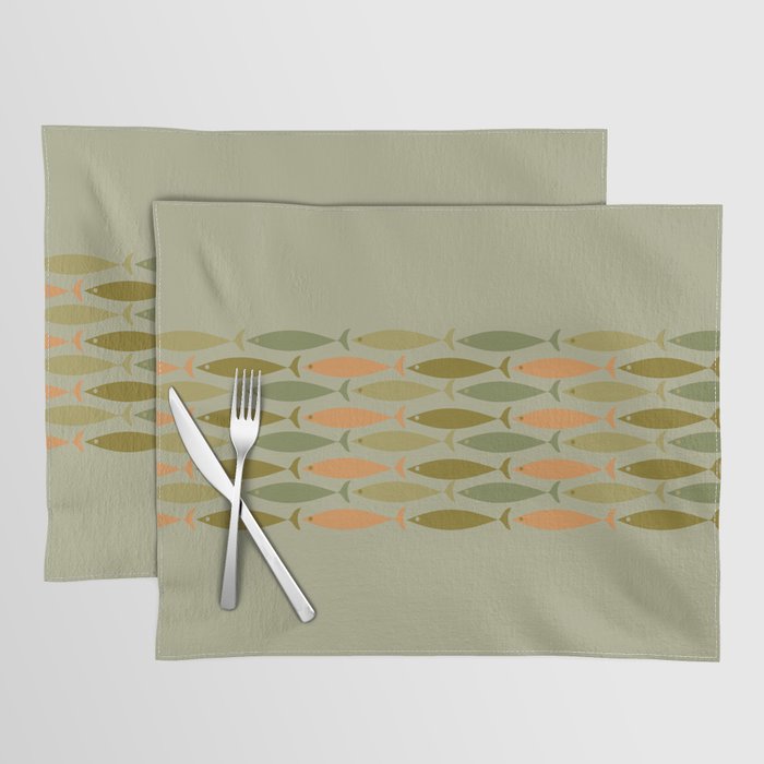 Fish Stripe 8 Mid Century Modern Minimal Pattern in Vintage Olive Green and Cantaloupe Orange Placemat Gallery Image 1