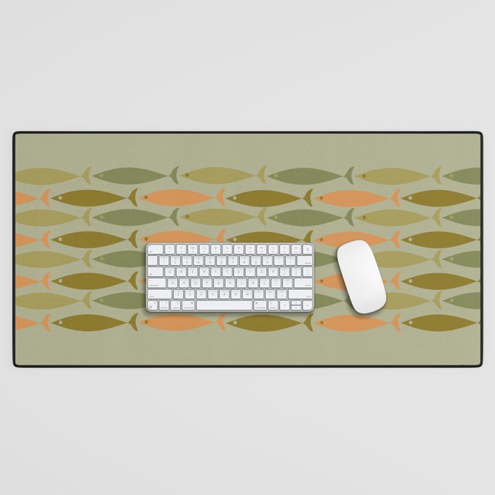 Fish Stripe 8 Mid Century Modern Minimal Pattern in Vintage Olive Green and Cantaloupe Orange Desk Mat Gallery Image 1