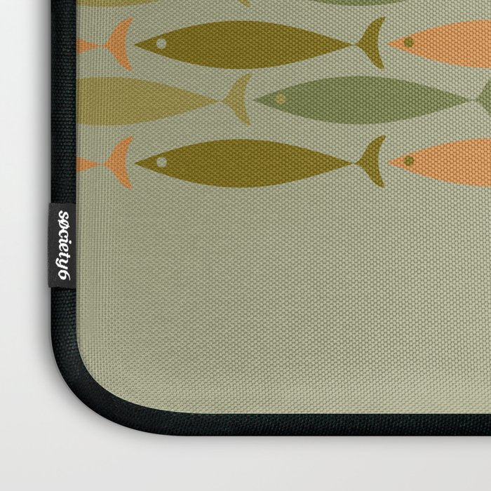 Fish Stripe 8 Mid Century Modern Minimal Pattern in Vintage Olive Green and Cantaloupe Orange Laptop Sleeve Gallery Image 3