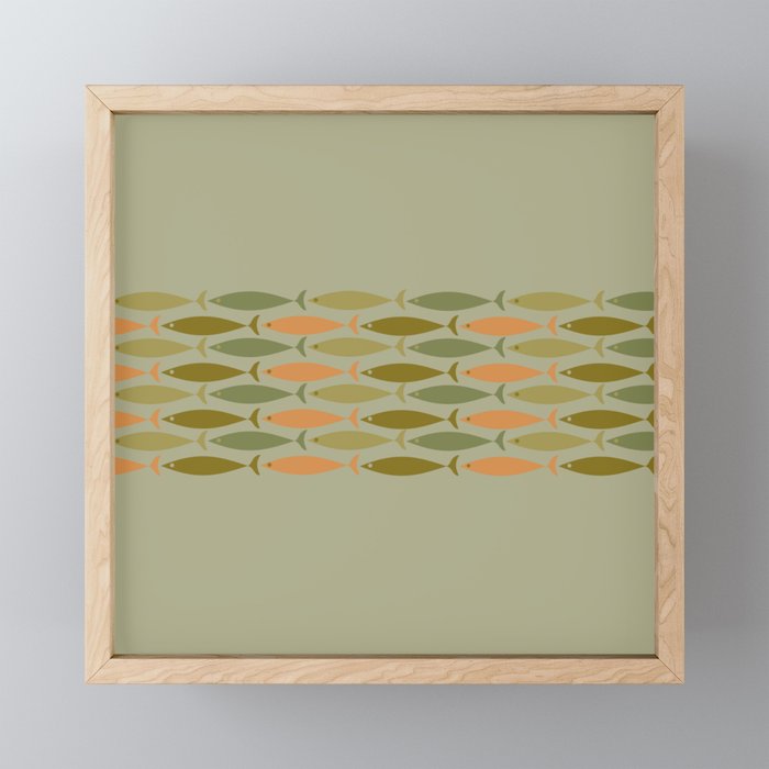 Fish Stripe 8 Mid Century Modern Minimal Pattern in Vintage Olive Green and Cantaloupe Orange Mini Art Print Gallery Image 1