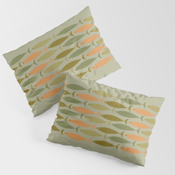 Fish Stripe 8 Mid Century Modern Minimal Pattern in Vintage Olive Green and Cantaloupe Orange Pillow Sham Gallery Image 1