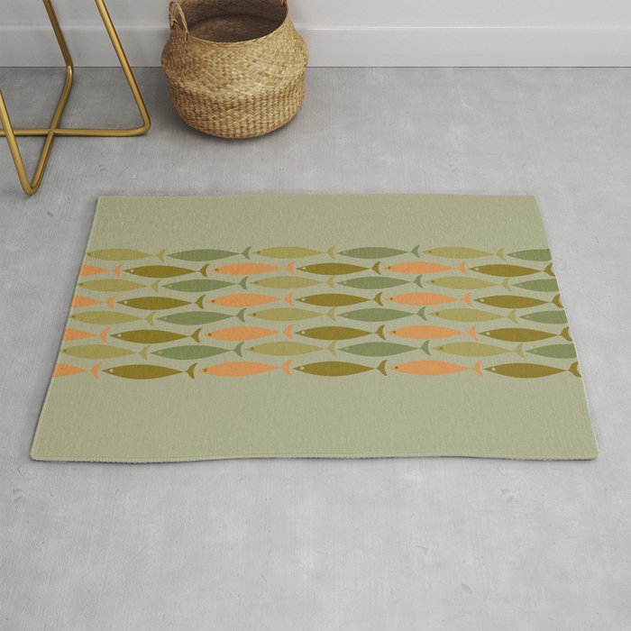 Fish Stripe 8 Mid Century Modern Minimal Pattern in Vintage Olive Green and Cantaloupe Orange Rug Gallery Image 1