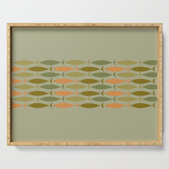 Fish Stripe 8 Mid Century Modern Minimal Pattern in Vintage Olive Green and Cantaloupe Orange Serving Tray Gallery Image 1