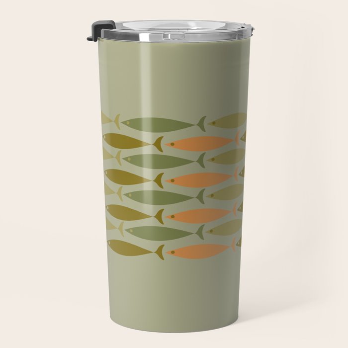 Fish Stripe 8 Mid Century Modern Minimal Pattern in Vintage Olive Green and Cantaloupe Orange Travel Mug Gallery Image 3