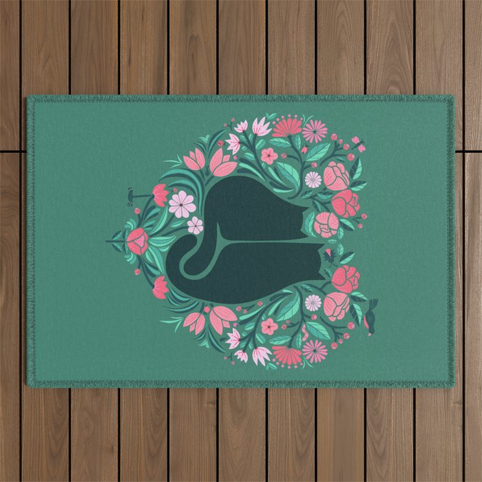 I Heart Cats and Flowers (in Green) Outdoor Rug Gallery Image 1