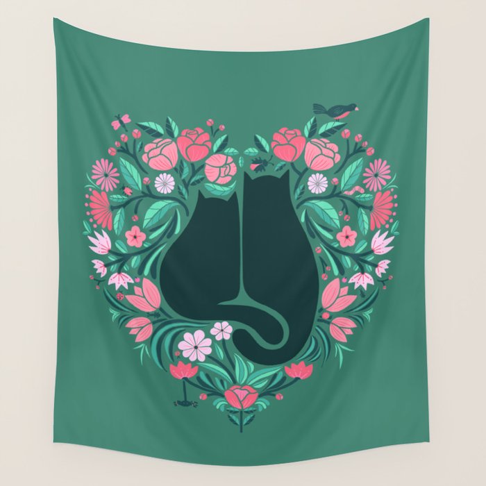I Heart Cats and Flowers (in Green) Wall Tapestry Gallery Image 4