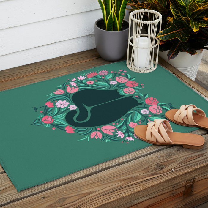 I Heart Cats and Flowers (in Green) Outdoor Rug Gallery Image 2