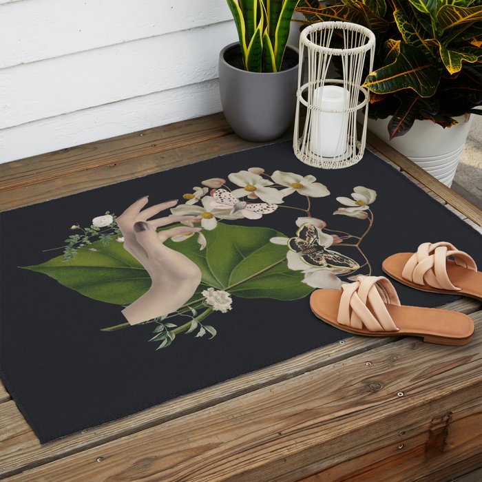Minimal Collage/ Hand, Plants and Butterflies 6 Outdoor Rug Gallery Image 2