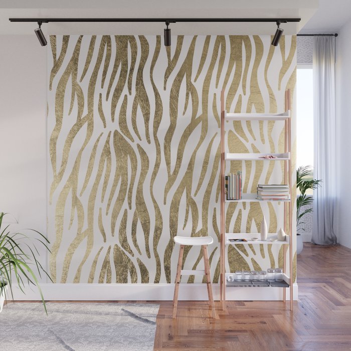 Chic faux gold white modern zebra animal print pattern Wall Mural Gallery Image 1