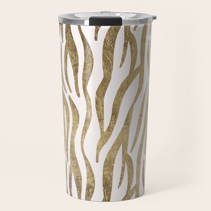 Chic faux gold white modern zebra animal print pattern Travel Mug Gallery Image 1