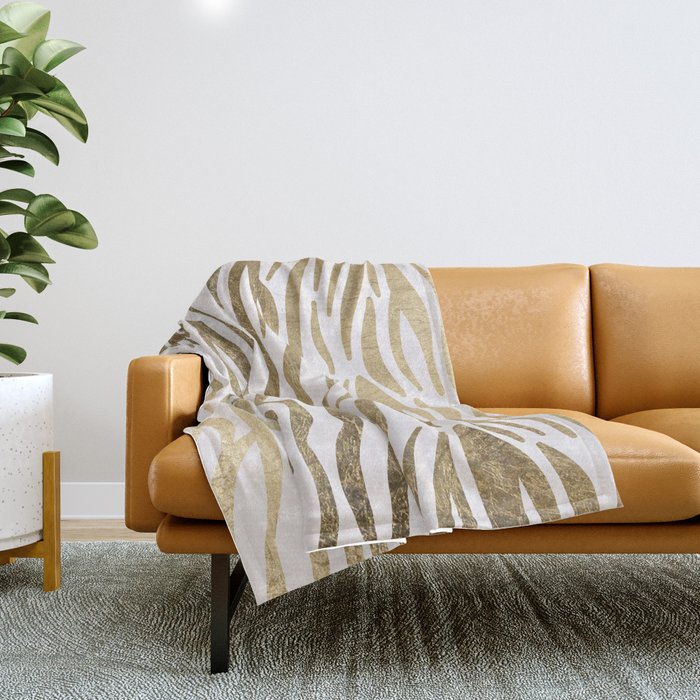 Chic faux gold white modern zebra animal print pattern Throw Blanket Gallery Image 1