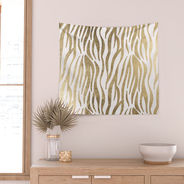 Chic faux gold white modern zebra animal print pattern Wall Tapestry Gallery Image 2