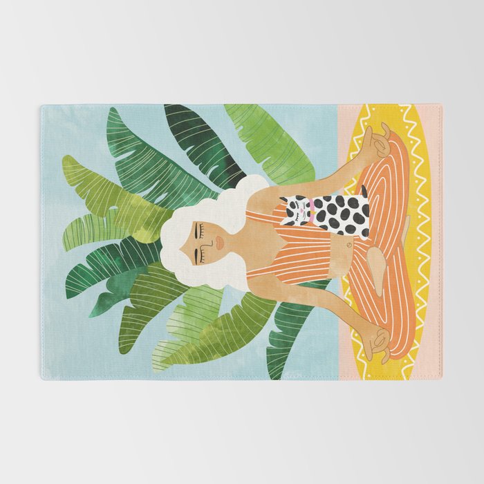 Meditation With Thy Cat Poster | Blonde Woman of Color | Tropical Banana Leaves Quirky Pet Workout  Rug Gallery Image 2