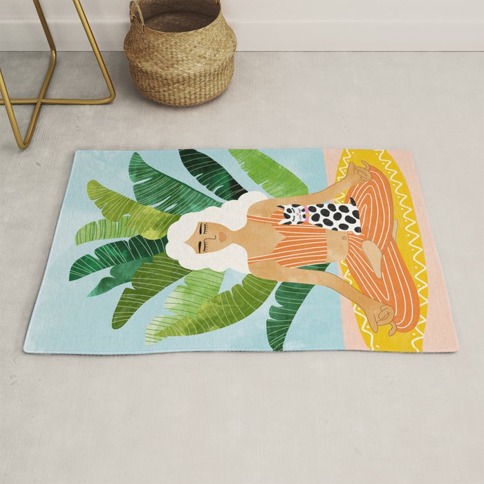 Meditation With Thy Cat Poster | Blonde Woman of Color | Tropical Banana Leaves Quirky Pet Workout  Rug Gallery Image 1