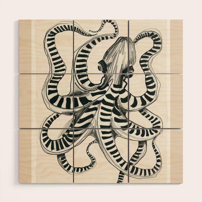 Striped Octopus Ink Drawing Wood Wall Art Gallery Image 1