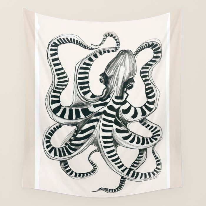 Striped Octopus Ink Drawing Wall Tapestry Gallery Image 4