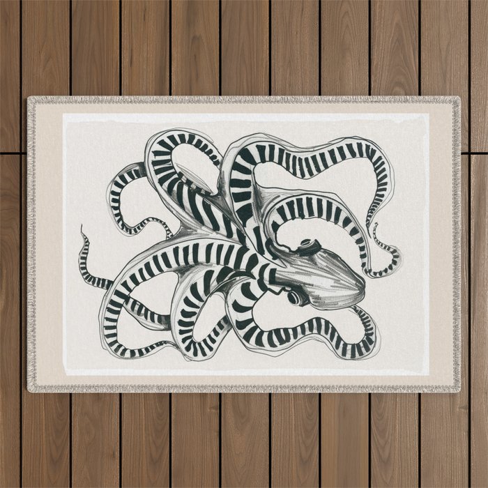 Striped Octopus Ink Drawing Outdoor Rug Gallery Image 1
