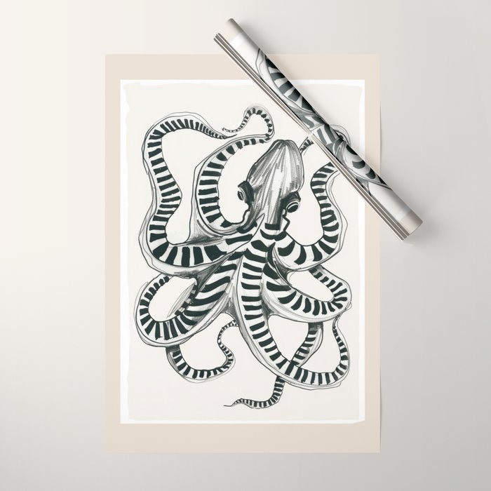 Striped Octopus Ink Drawing Wrapping Paper Gallery Image 1