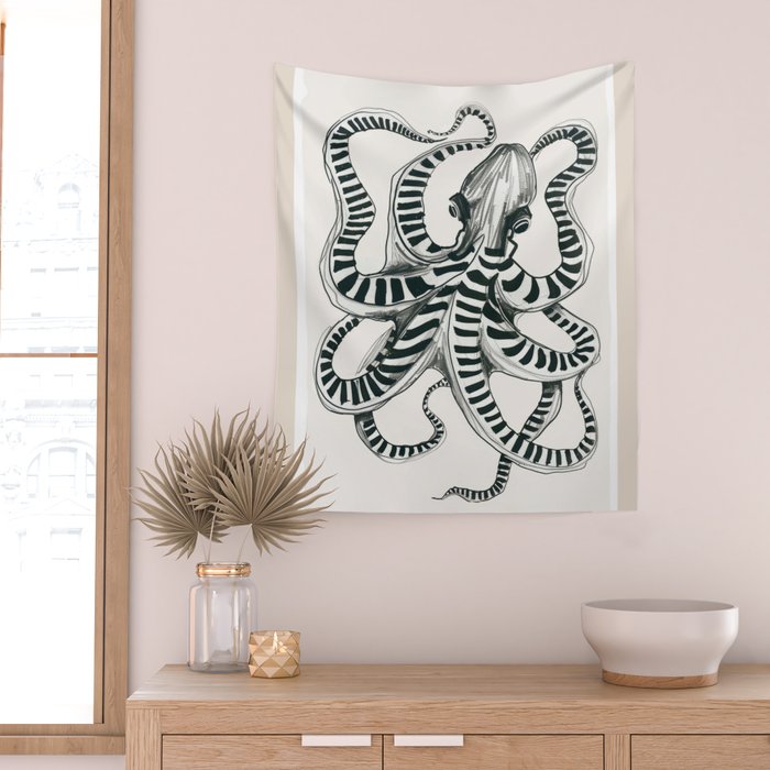 Striped Octopus Ink Drawing Wall Tapestry Gallery Image 2