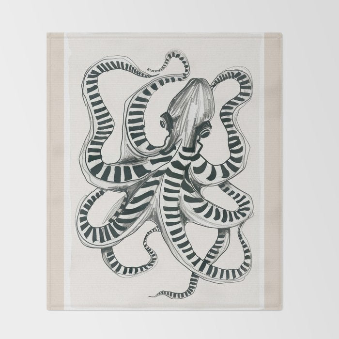 Striped Octopus Ink Drawing Throw Blanket Gallery Image 2