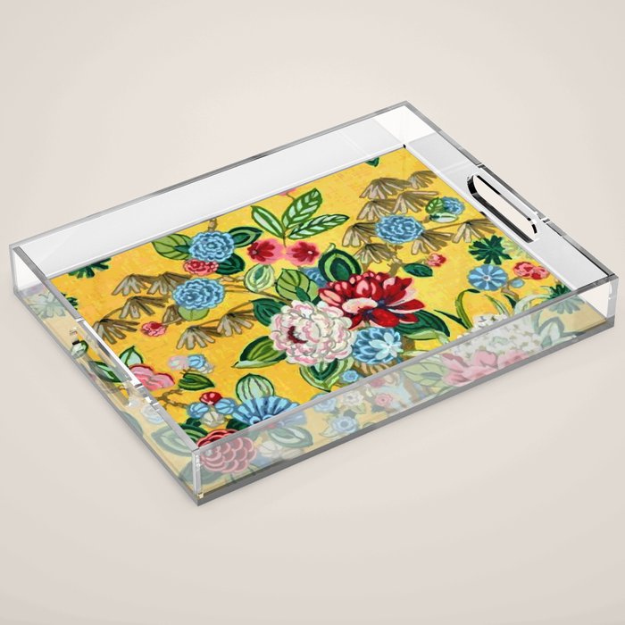 Vintage Chinoiserie Floral Wallpaper Digital Vector Painting Acrylic Tray Gallery Image 1