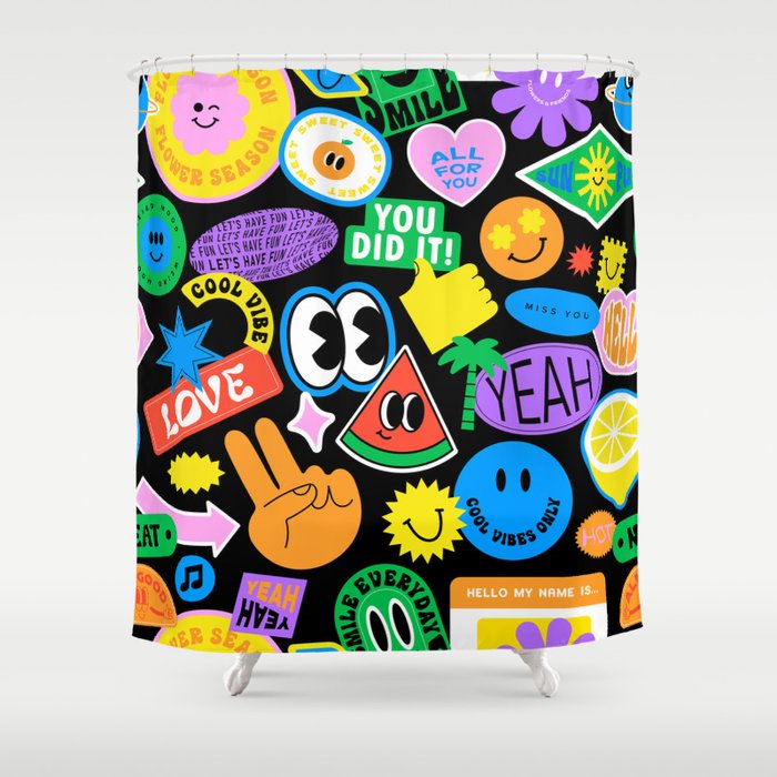 Retro cartoon sticker pattern Shower Curtain Gallery Image 1