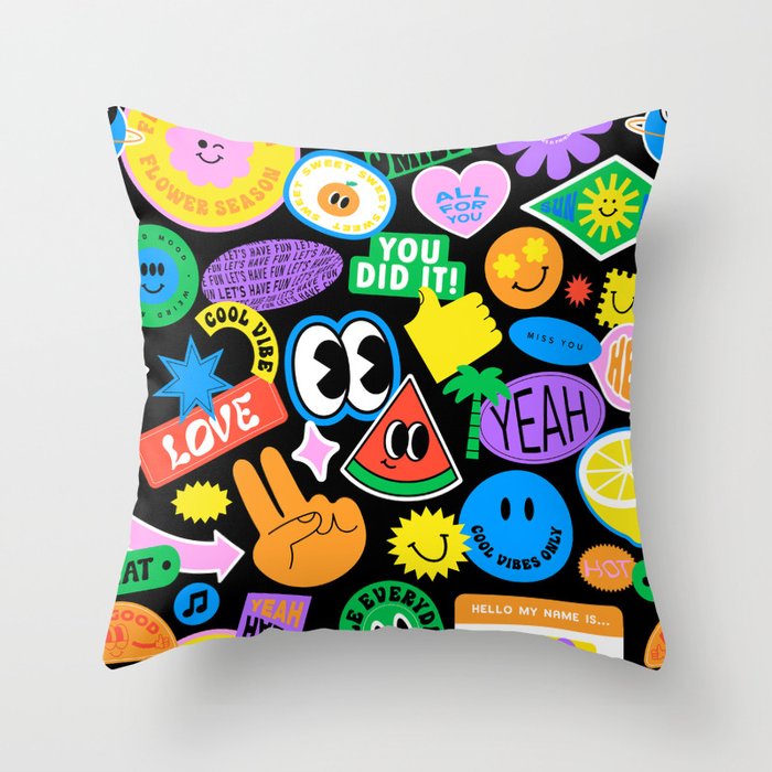 Retro cartoon sticker pattern Throw Pillow Gallery Image 6