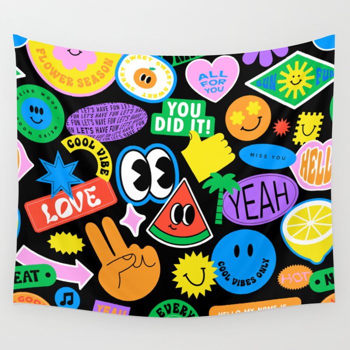 Retro cartoon sticker pattern Wall Tapestry Gallery Image 1