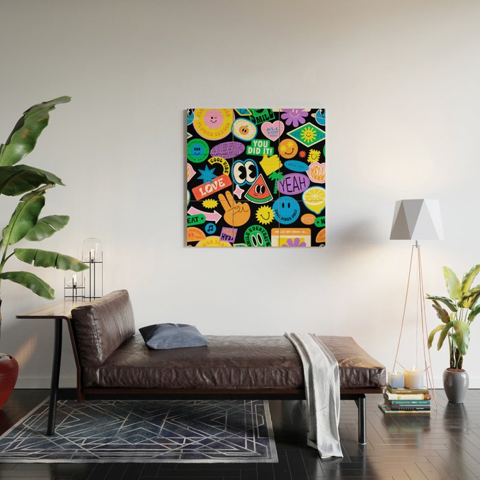 Retro cartoon sticker pattern Wood Wall Art Gallery Image 2