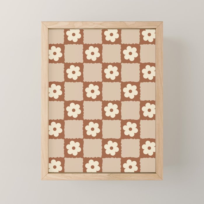 Retro Flower Checker in Brown Mini Art Print Gallery Image 1