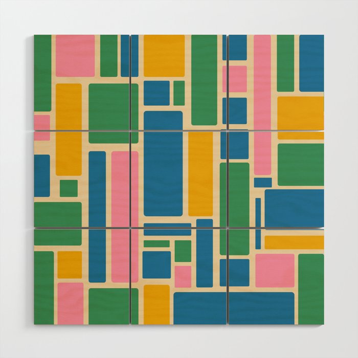 Modulus Colorful Retro Geometric Pattern Green Pink Yellow Blue Wood Wall Art Gallery Image 1