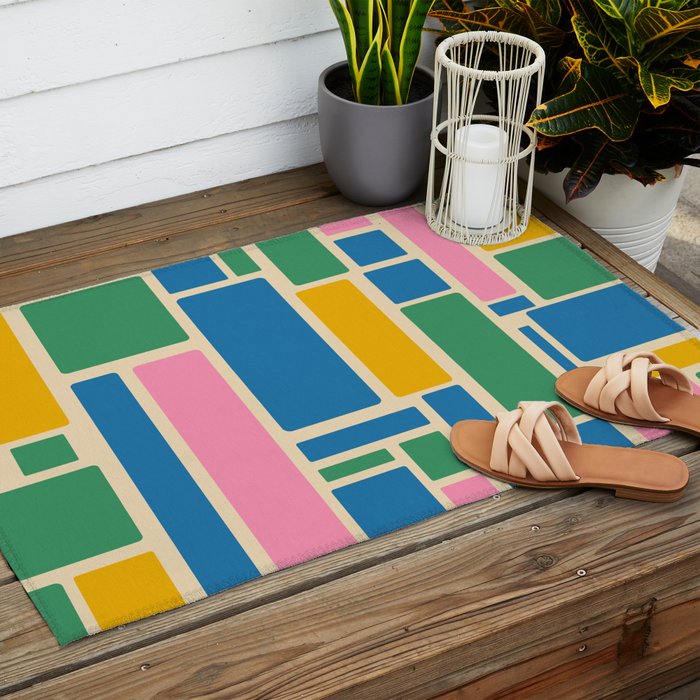 Modulus Colorful Retro Geometric Pattern Green Pink Yellow Blue Outdoor Rug Gallery Image 2