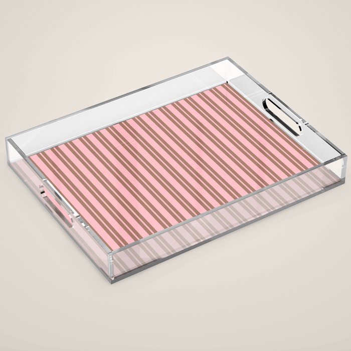 Classic Double Stripes Vertical Stripe Pattern in Mocha Brown and Light Pink Acrylic Tray Gallery Image 1