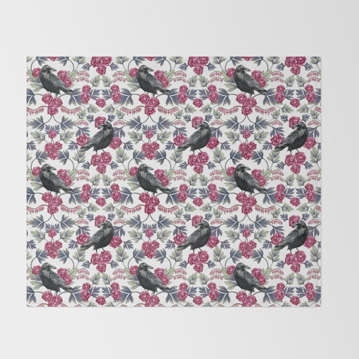 Crows, Bleeding Hearts & Roses Floral/Botanical Pattern Throw Blanket Gallery Image 2