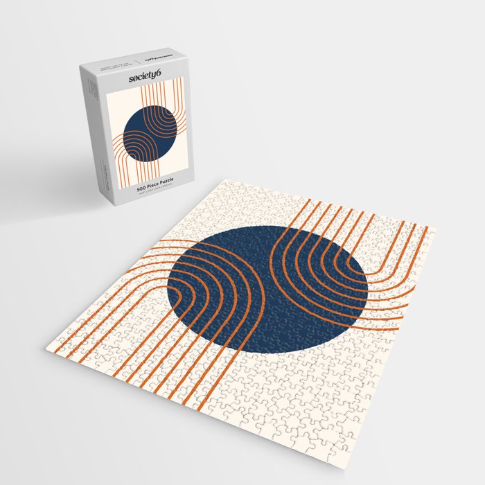 Mid Century Modern Geometric 162 Sun Rainbow abstract in Navy Blue Orange Jigsaw Puzzle Gallery Image 2