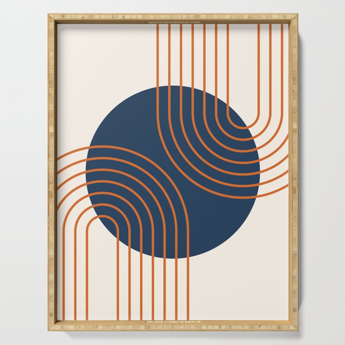 Mid Century Modern Geometric 162 Sun Rainbow abstract in Navy Blue Orange Serving Tray Gallery Image 1