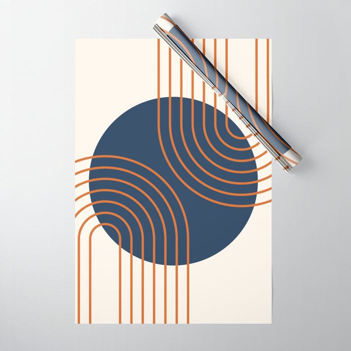 Mid Century Modern Geometric 162 Sun Rainbow abstract in Navy Blue Orange Wrapping Paper Gallery Image 1